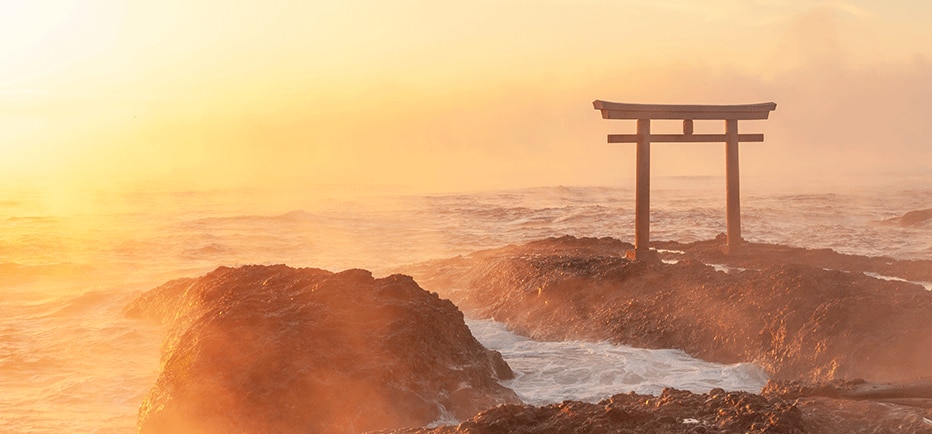 Sunrise view from the 8th station on Mt. Fuji of the fog-covered Yamanaka Lake, Japan